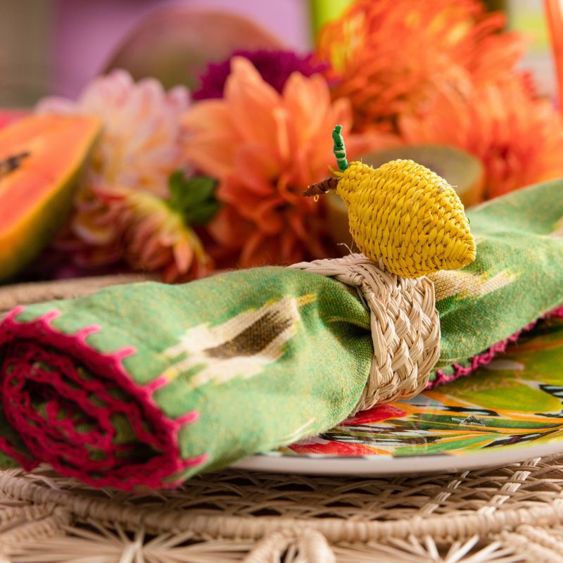 Set X 4 Natural Straw Woven Yellow Lemon Fruits Round Placemats image