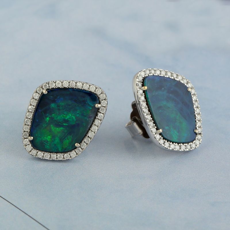 18K White Gold Stud Earrings In Natural Opal Doublet & Diamond Jewelry image