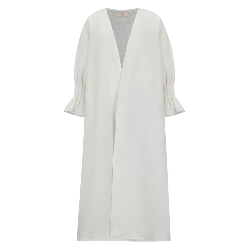 Pure Linen Abaya In Classic Cut With Flared Sleeves With Fitted Stitches Cuff In Marshmellow Color image