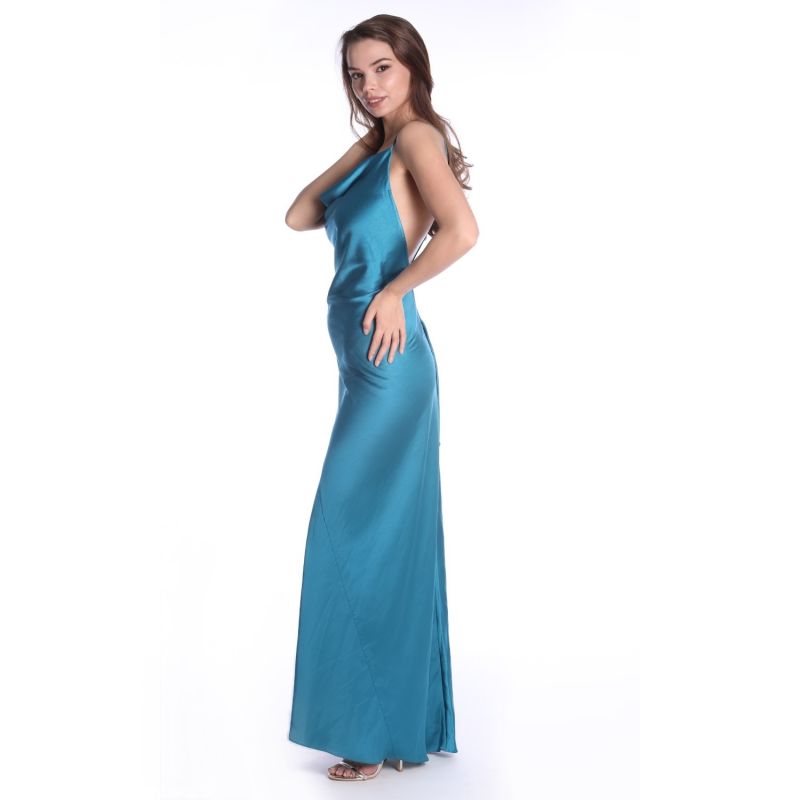 Tulum Cowl Neck Satin Ankle Dress In Turquoise image