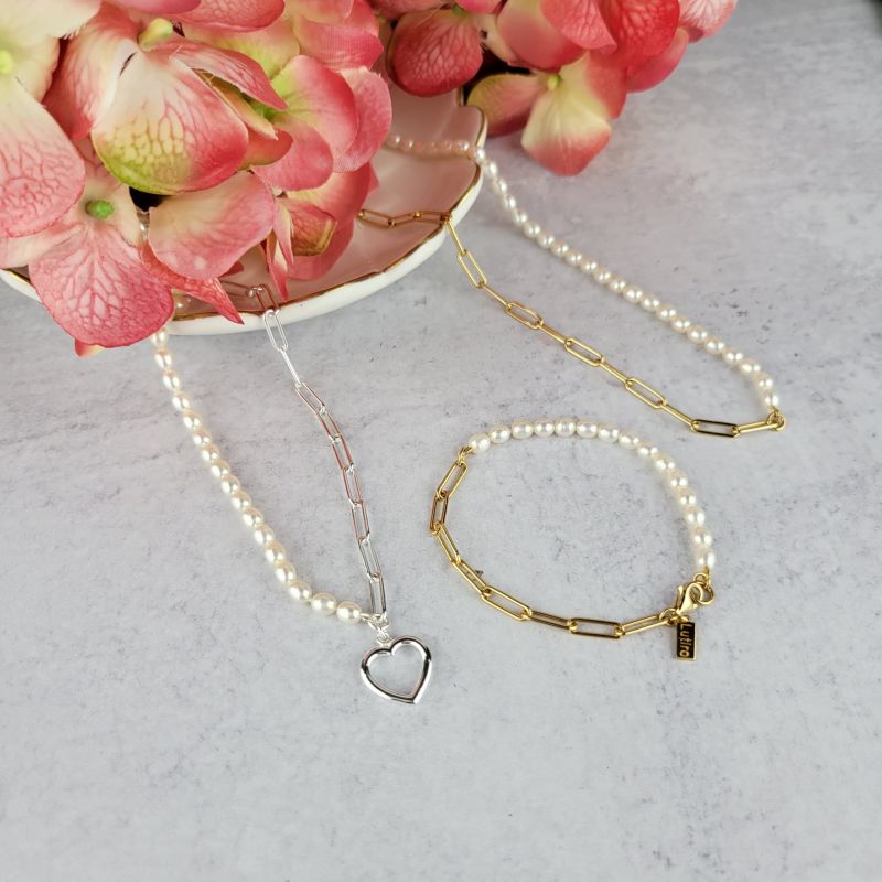 Paperclip & Freshwater Pearl Necklace - Gold image