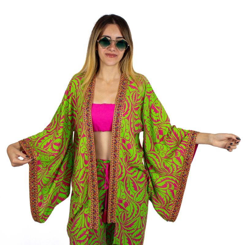 Green Leaf Print Midi Viscose Kimono With Embroidery Borders image