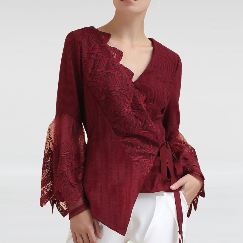 Lace Edges Knitted Wrap-Over Top -Red image