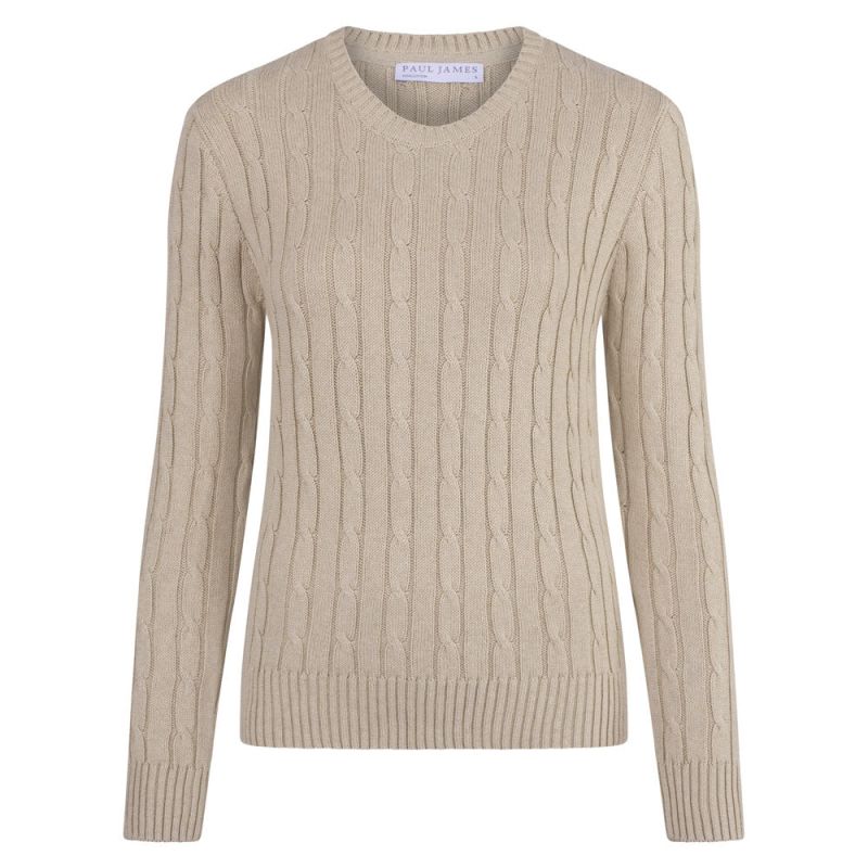 Womens Cotton Crew Neck Taylor Cable Jumper - Pebble | Paul James ...