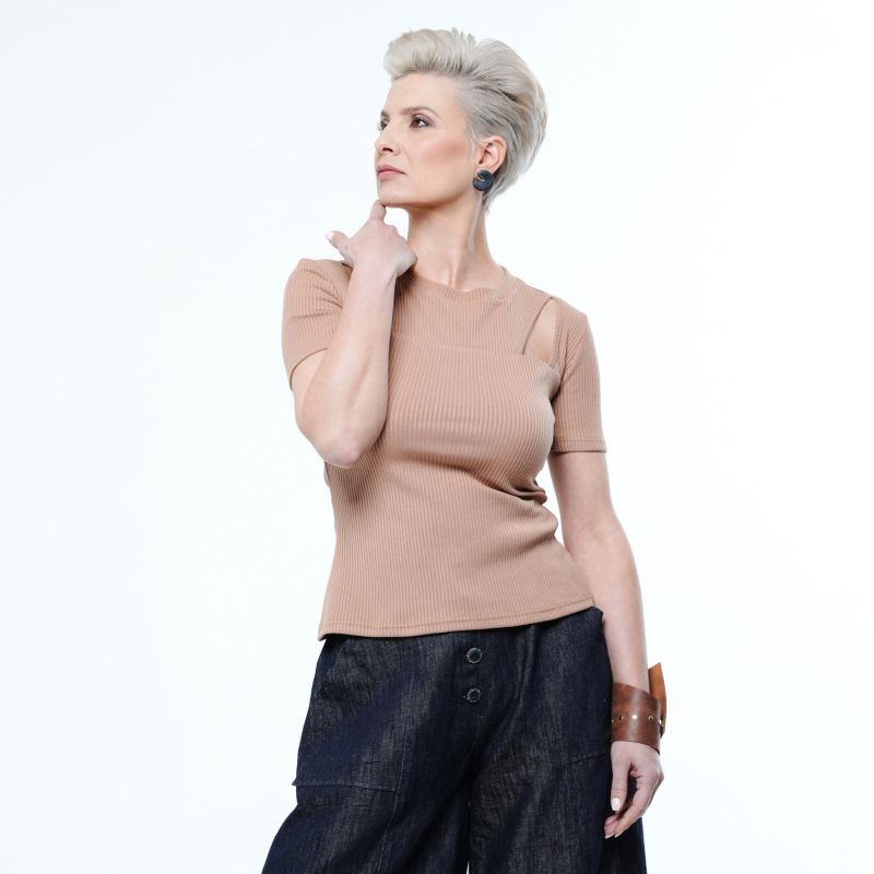 Short Sleeve Top With Cutouts In Camel image