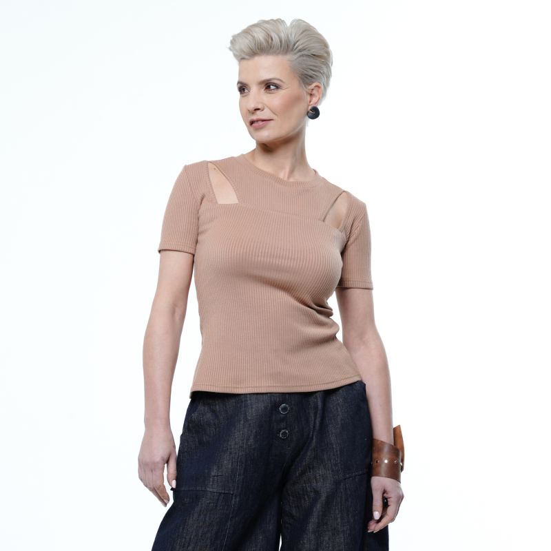 Short Sleeve Top With Cutouts In Camel image