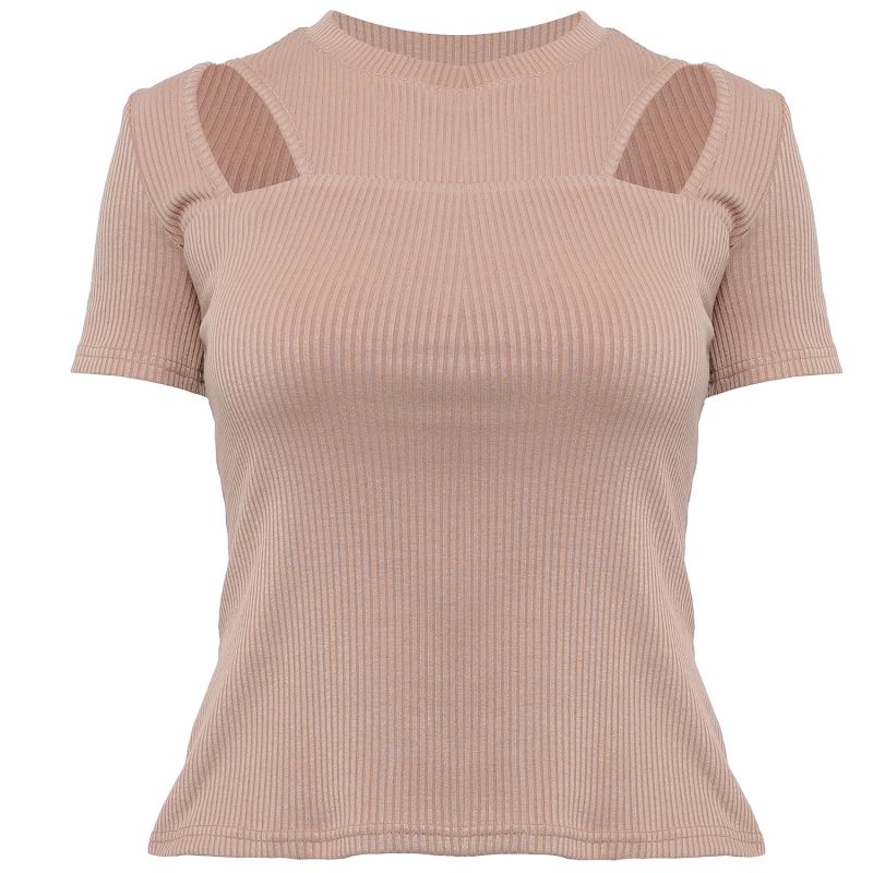 Short Sleeve Top With Cutouts In Camel image