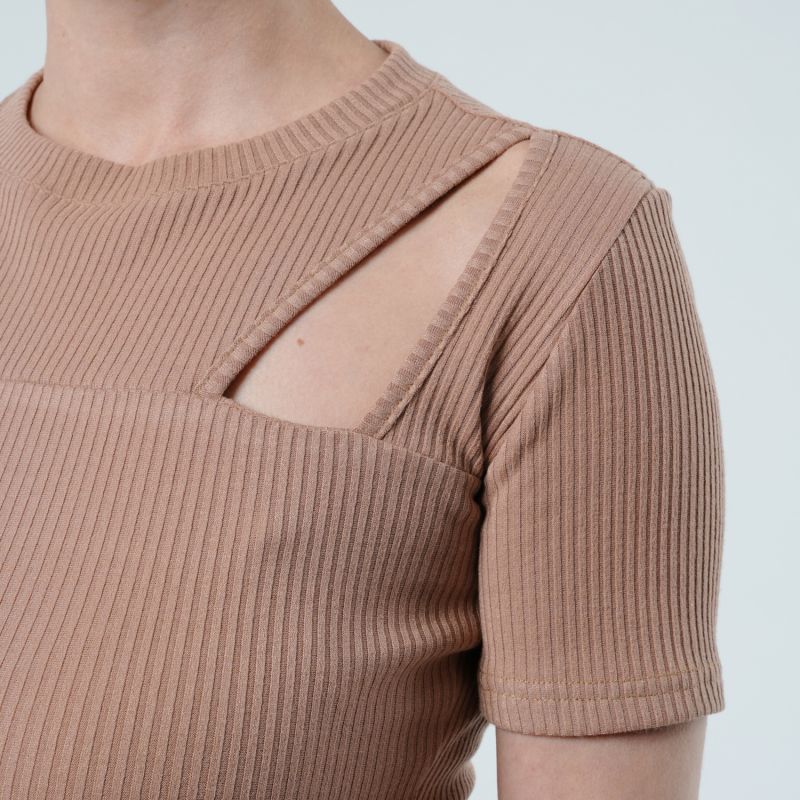 Short Sleeve Top With Cutouts In Camel image