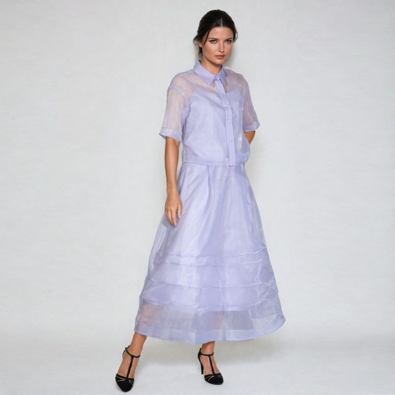 Short Sleeves Flaps Organza Shirt -Light Blue image