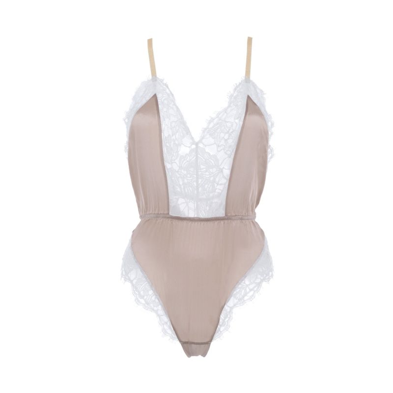 Silk & Cotton Lace Bodysuit - White & Sand - Grace | SAETA Paris | Wolf ...