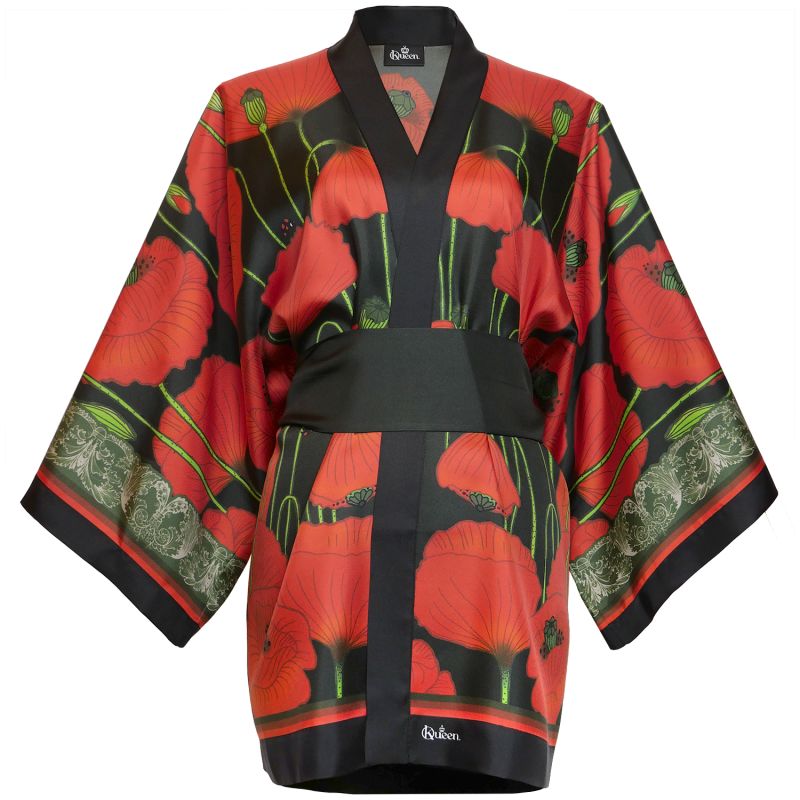 Silk Kimono Jacket- Poppies - Dark image