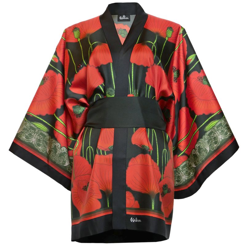 Silk Kimono Jacket- Poppies - Dark image