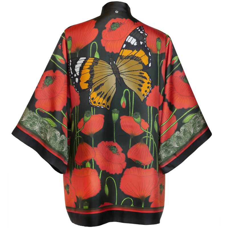 Silk Kimono Jacket- Poppies - Dark image