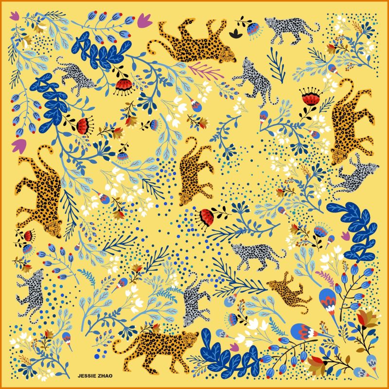 Silk Scarf In Yellow With Leopard & Flowers image