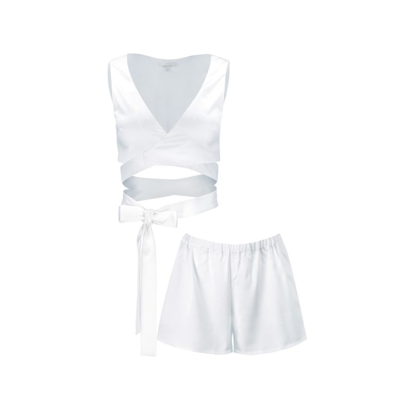 Silk Shorts & Crop Top Pajamas 'Persephone' In Milk White image