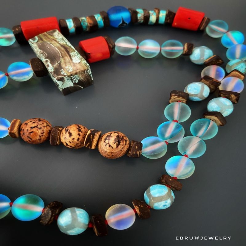 Abundance Nepal Silver & Turquoise Stone Pendant Unique Blue Beaded Necklace image