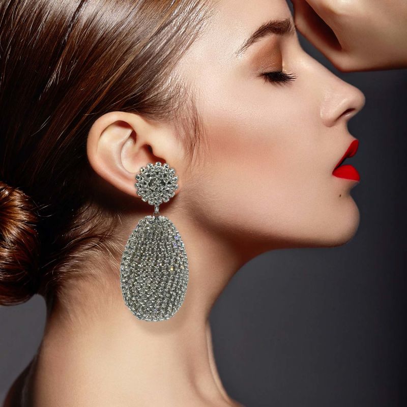 Silver Rhinestone Chain-Covered Large Drop Resin Earrings image