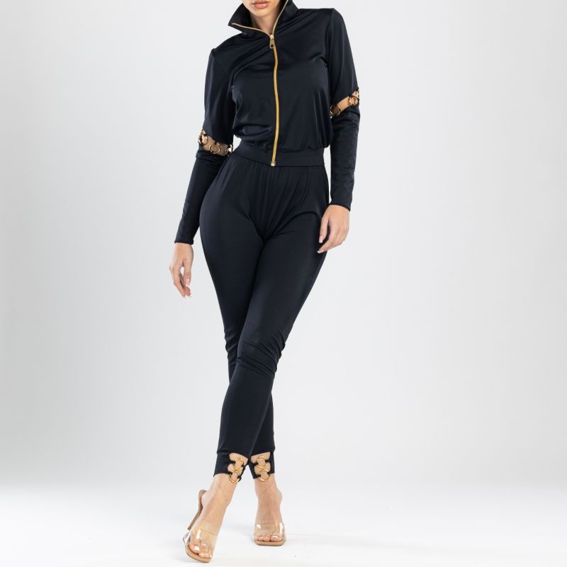 Sistine Elegant Pants With Golden Ring Details In Black image