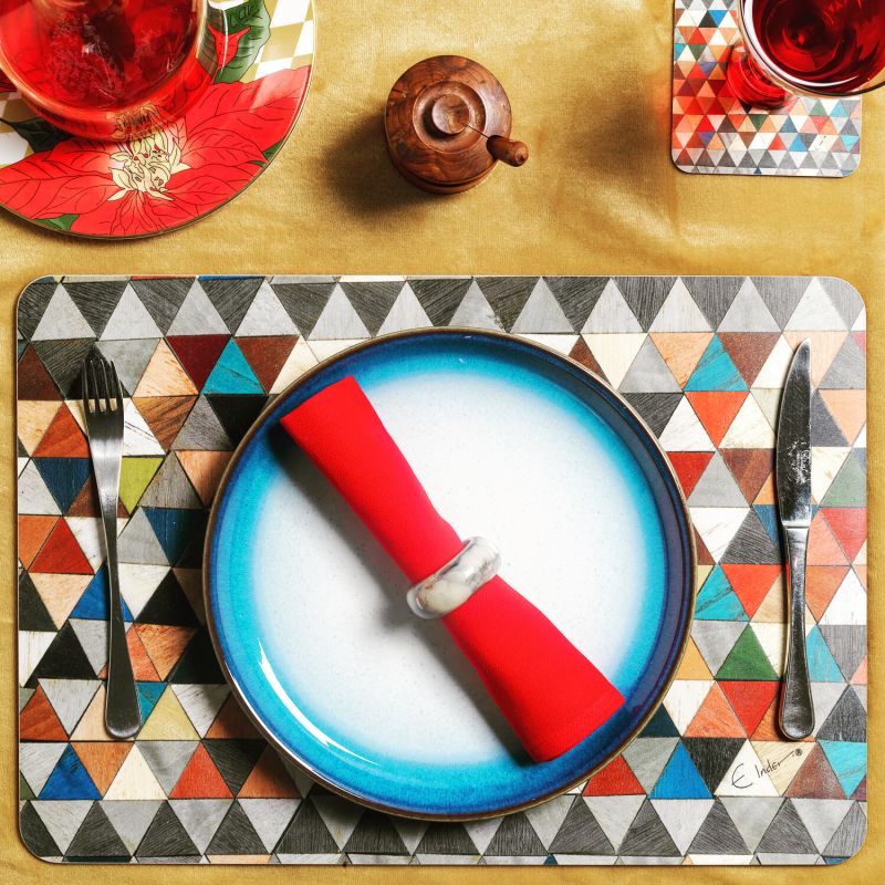 Six Placemat Set In Boho Chic Harlequin Design. Heat Proof Melamine. Extra Large. image