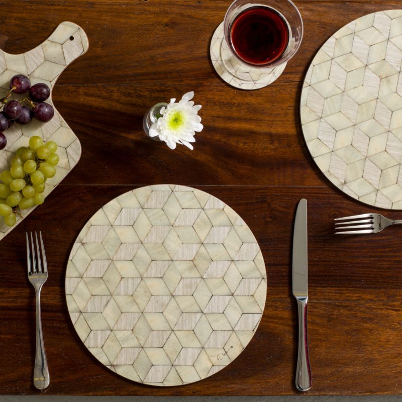 Six Round Placemats In Neutral Shades Of Light Green And Pale Grey Nordic Style. Heat Proof
