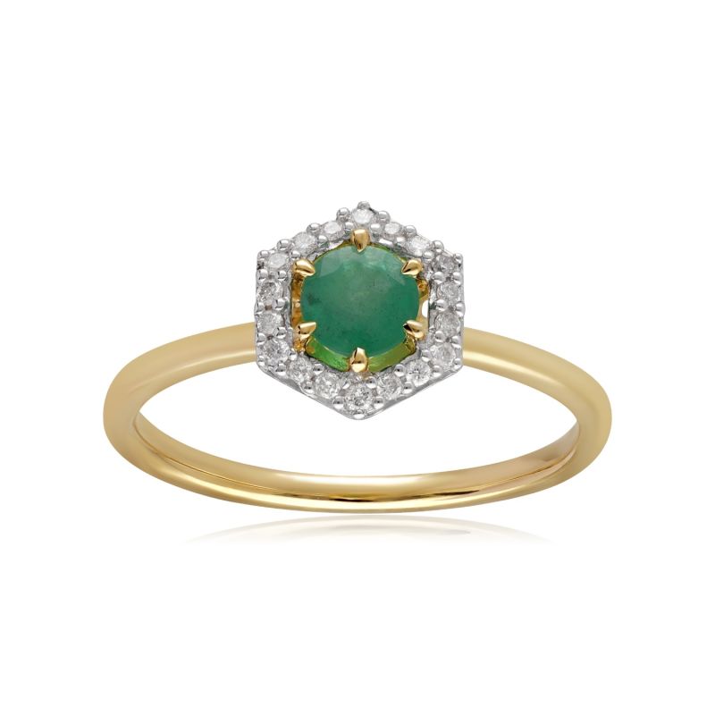 Emerald & Diamond Halo Ring In Yellow Gold image