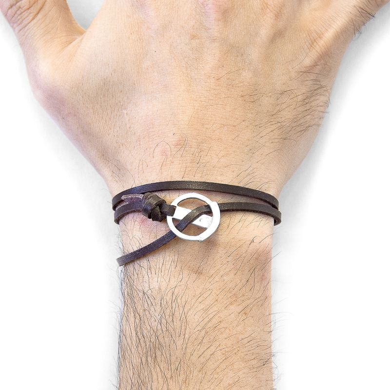 Dark Brown Ketch Anchor Silver & Flat Leather Bracelet image