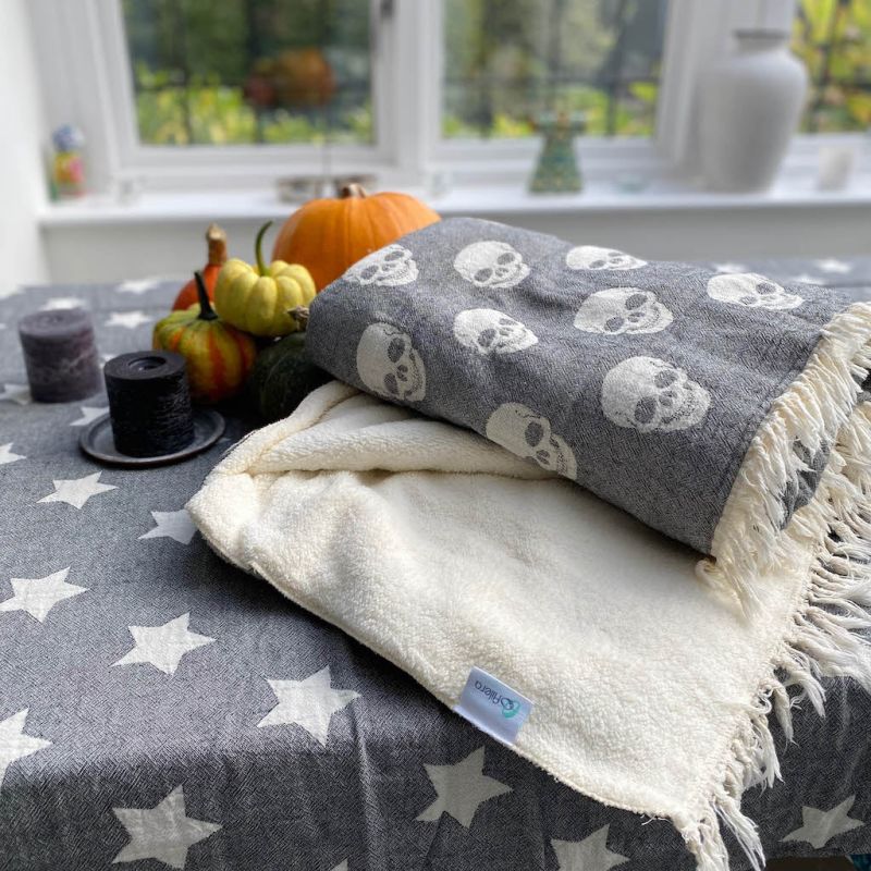 Skull Fleece Lined Throw Charcoal Ailera Wolf Badger