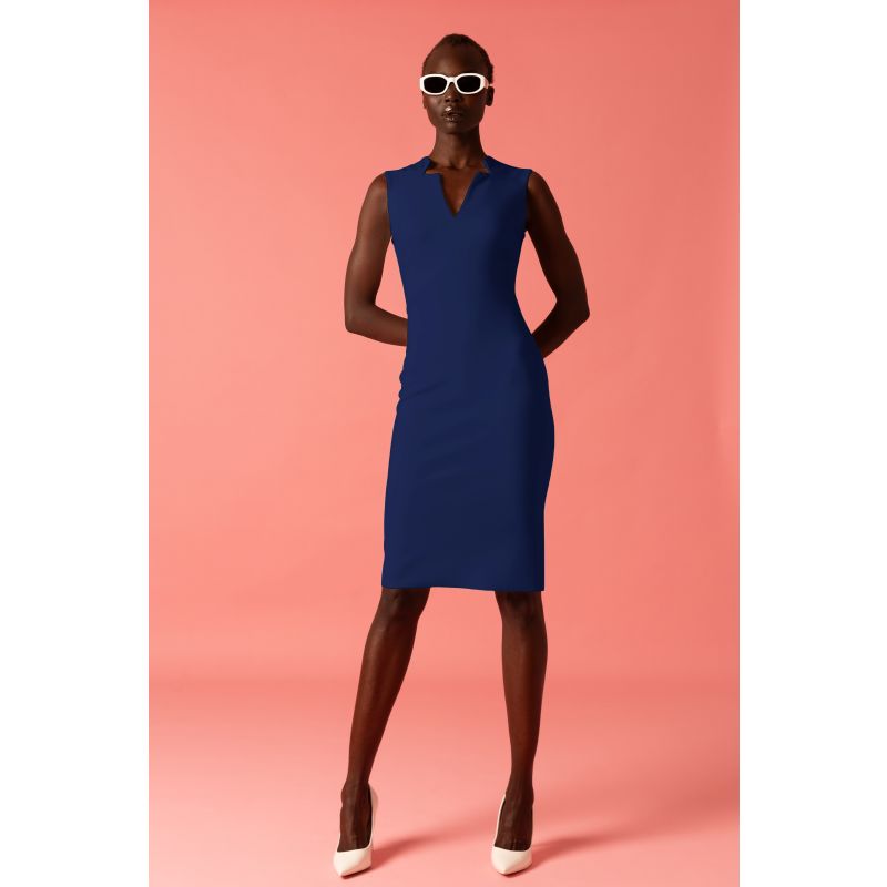 Sleeveless Notched Collar Pencil Dress In Navy image