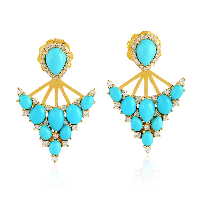 18K Gold Ear Jacket Earrings Turquoise Gemstone Pave Diamond Jewelry ...