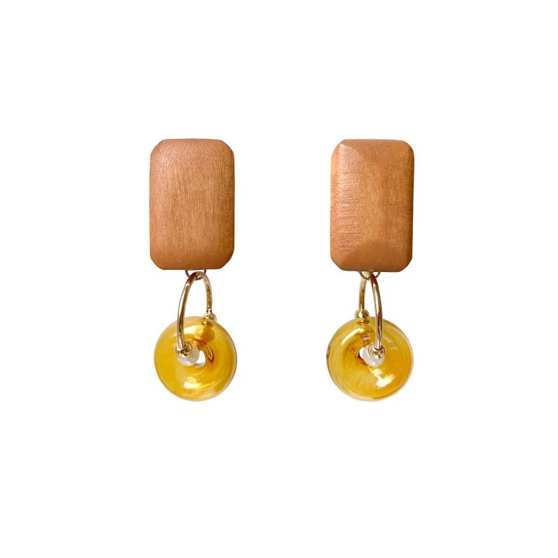 Geometric Pine Wood Earrings In Brown & Orange image