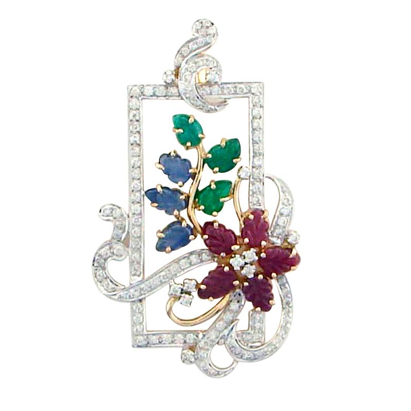 Solid 18K White Gold 100% Genuine Carving Blue Sapphire Ruby Emerald Leaf Diamond Nature Inspired Tutti Frutti Pendant image