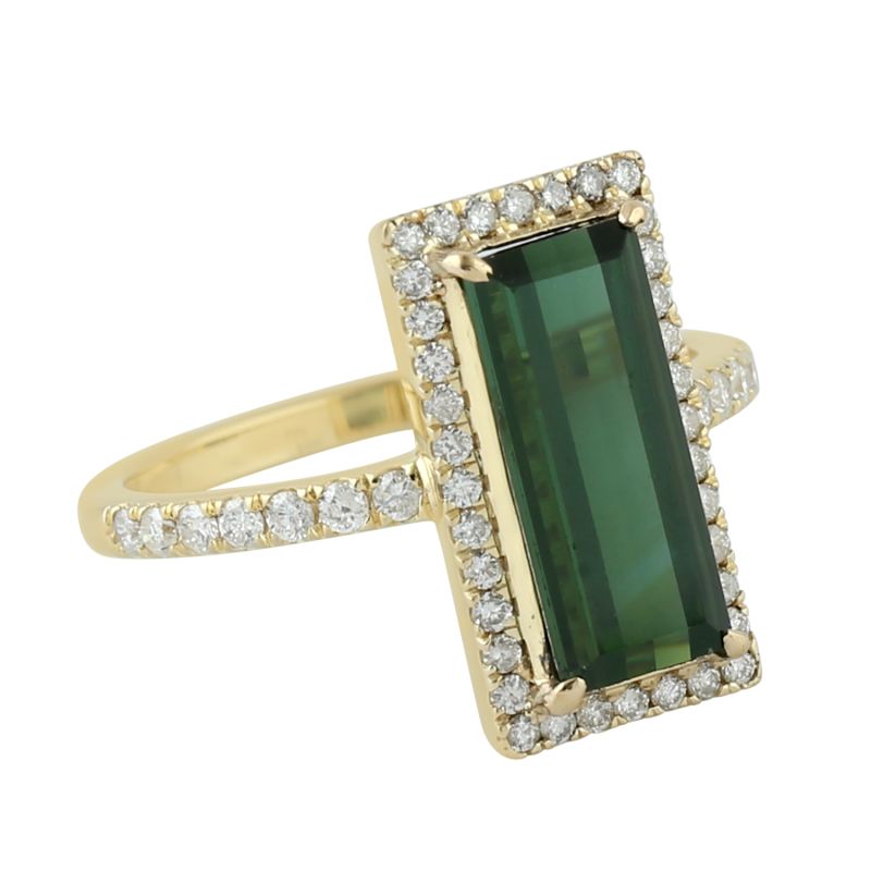 18K Solid Yellow Gold With Pave Diamond & Baguette Tourmaline Cocktail Ring image