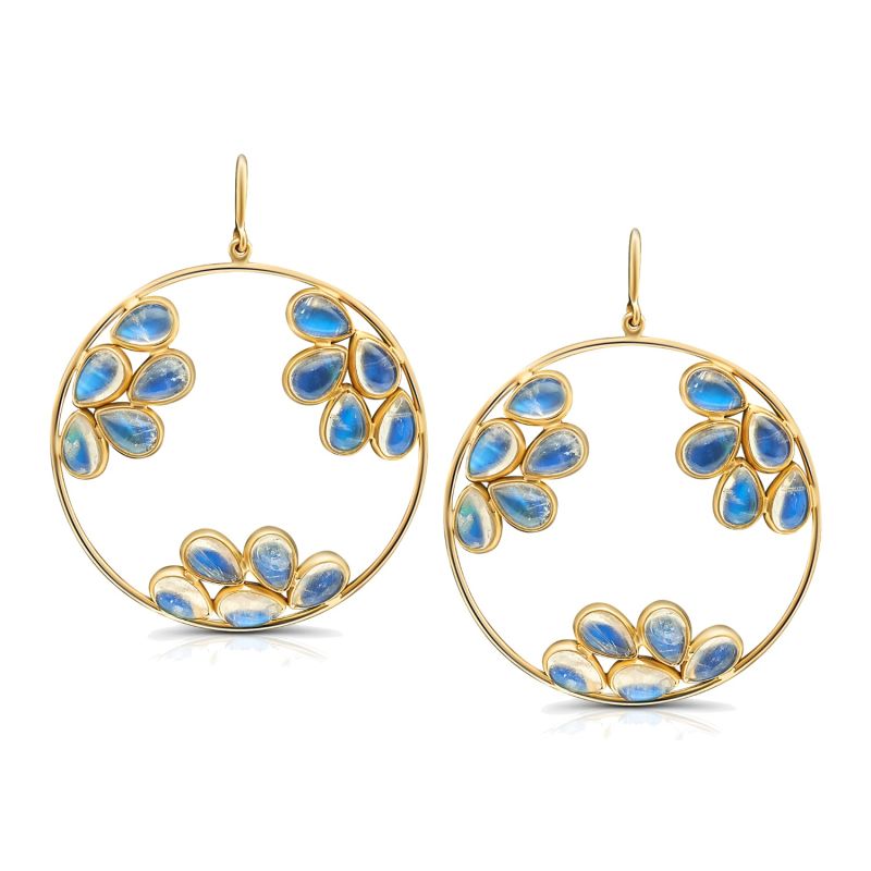 Rainbow Moonstone Round Dangle Earring In 18K Yellow Gold image