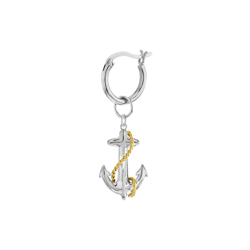 2 Tone Sterling Silver & 18kt Gold Plated Mini Anchor Charm On Silver Hoop image