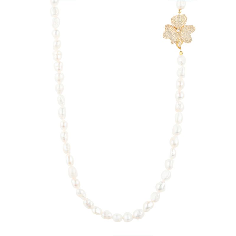 Flower Pearl Gemstone Long Necklace White Cz Gold image