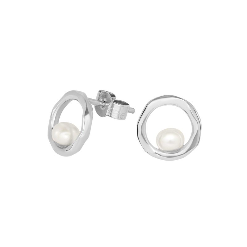 Silver Open Circle White Pearl Stud Earrings image