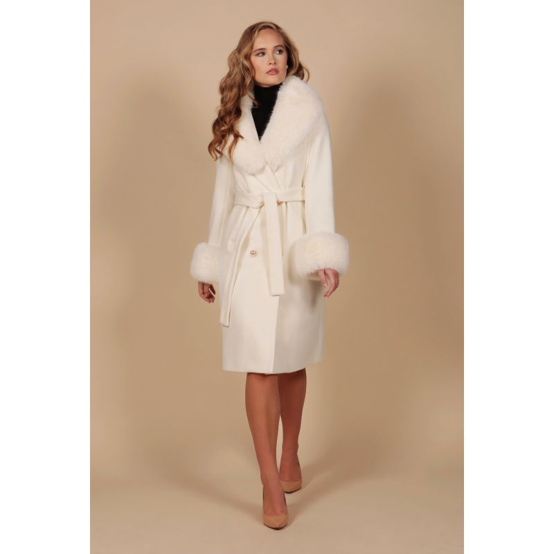 'Marlene' 100% Cashmere & Wool Coat With Faux Fur In White image