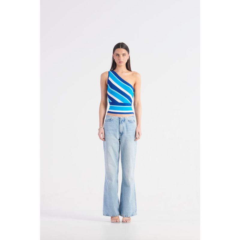 St Tropez One Shoulder Knit Tank - Mykonos Blue Stripe image