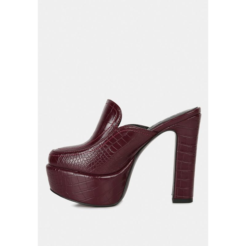 Bauhaus Burgundy Croc Pattern Heeled Platform Mules image