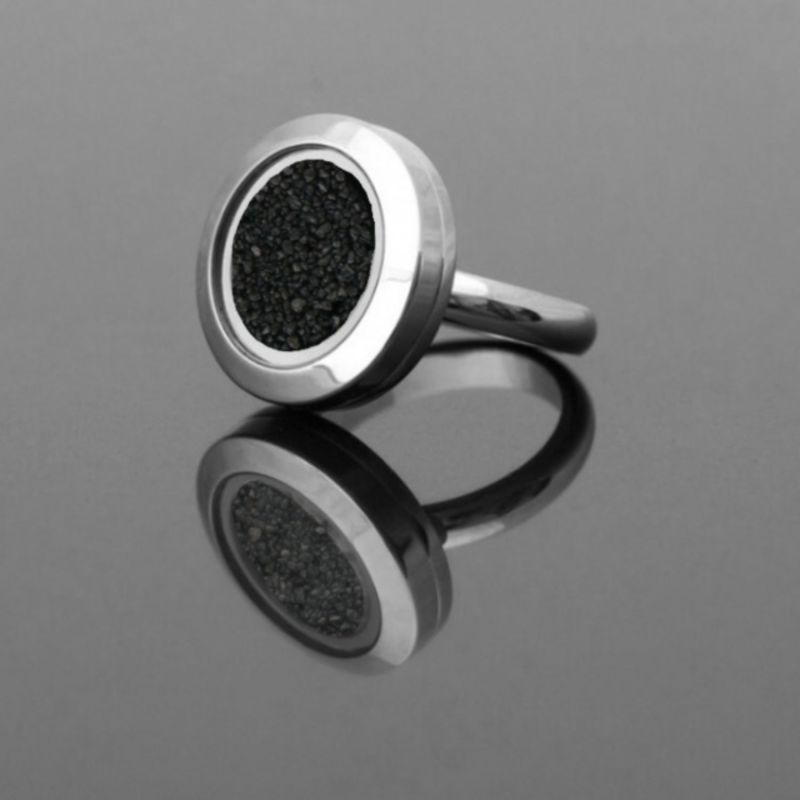 Stainless Steel Ring With Natural Black Volcanic Sand - Volcano Power image