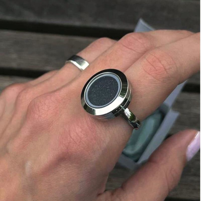 Stainless Steel Ring With Natural Black Volcanic Sand - Volcano Power image