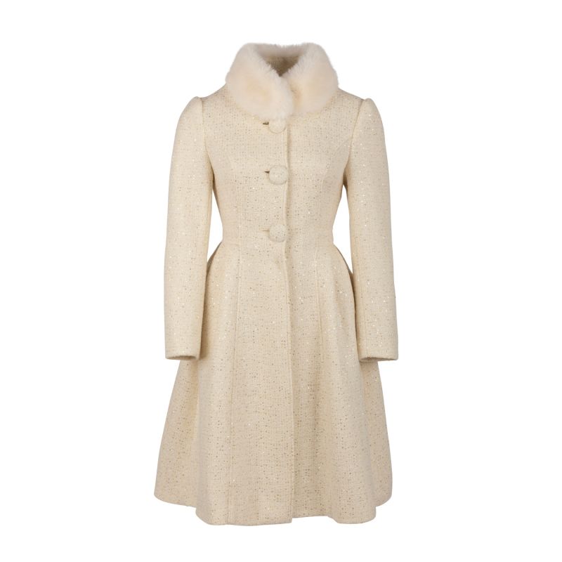 Starlet Wool Tweed Dress Coat With Faux Fur In Crema image