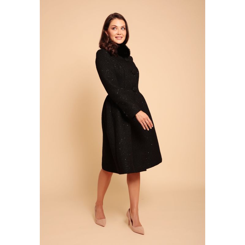 Starlet Wool Tweed Dress Coat With Faux Fur In Nero image