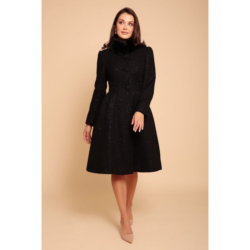 Starlet Wool Tweed Dress Coat With Faux Fur In Nero image