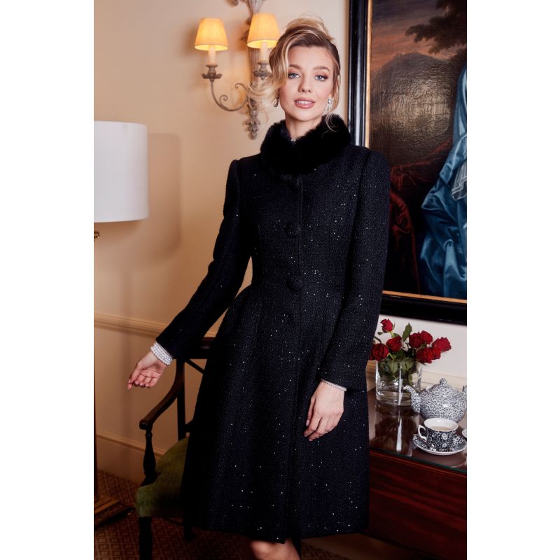 Starlet Wool Tweed Dress Coat With Faux Fur In Nero image