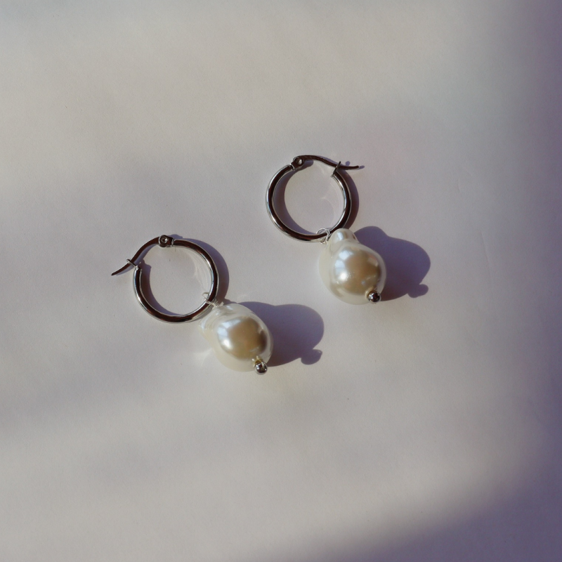 Steel Me Silver Baroque Pearl Hoop Earrings image