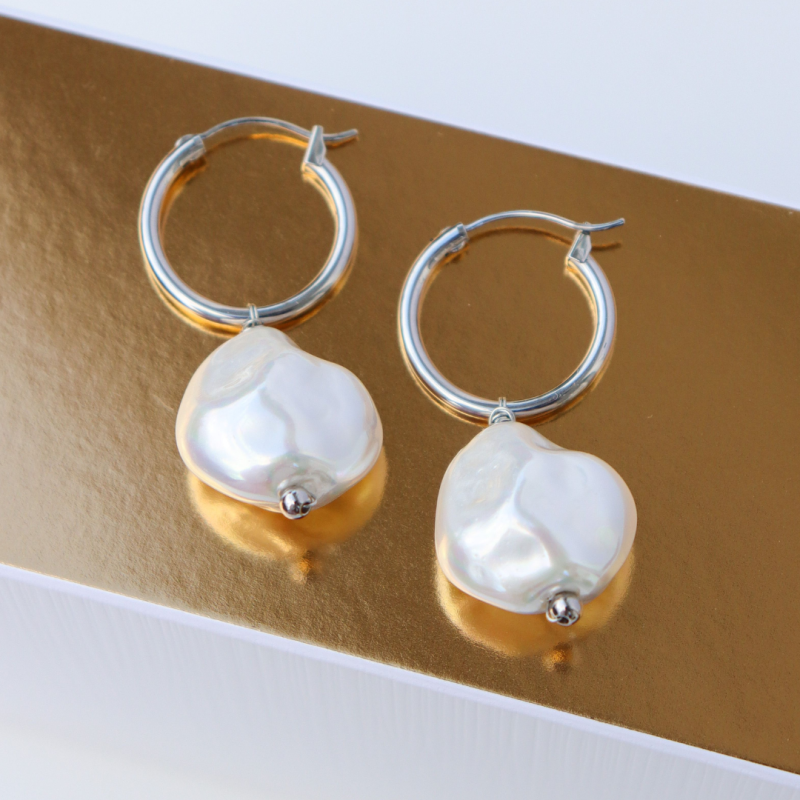 Steel Me Silver Baroque Pearl Hoop Earrings image