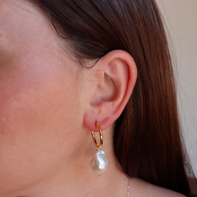 Steel Me Yellow Gold Baroque Pearl Hoop Earrings image