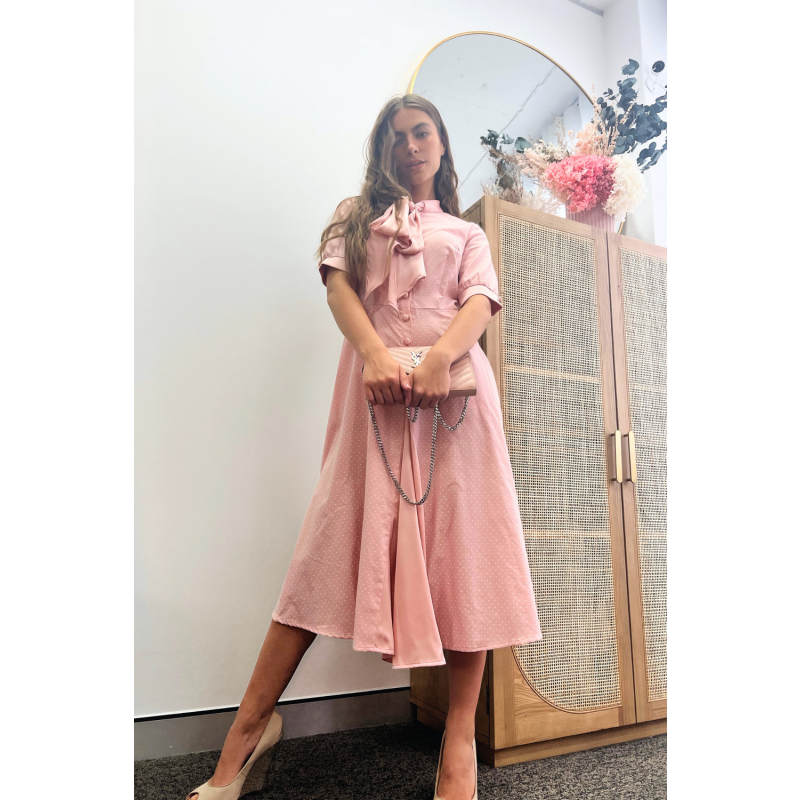 Stella Skipping Fit & Flare Dress With Bow Collar In Dusty Pink Pin Spot image