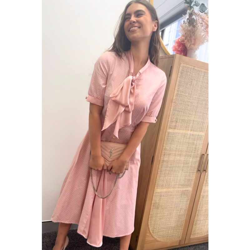 Stella Skipping Fit & Flare Dress With Bow Collar In Dusty Pink Pin Spot image